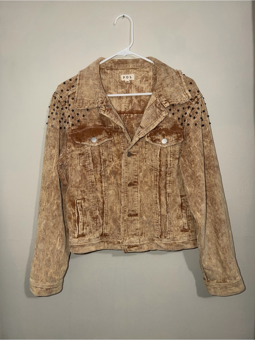 POL Women’s Medium Tan Corduroy Studded Cropped Trucker Jacket